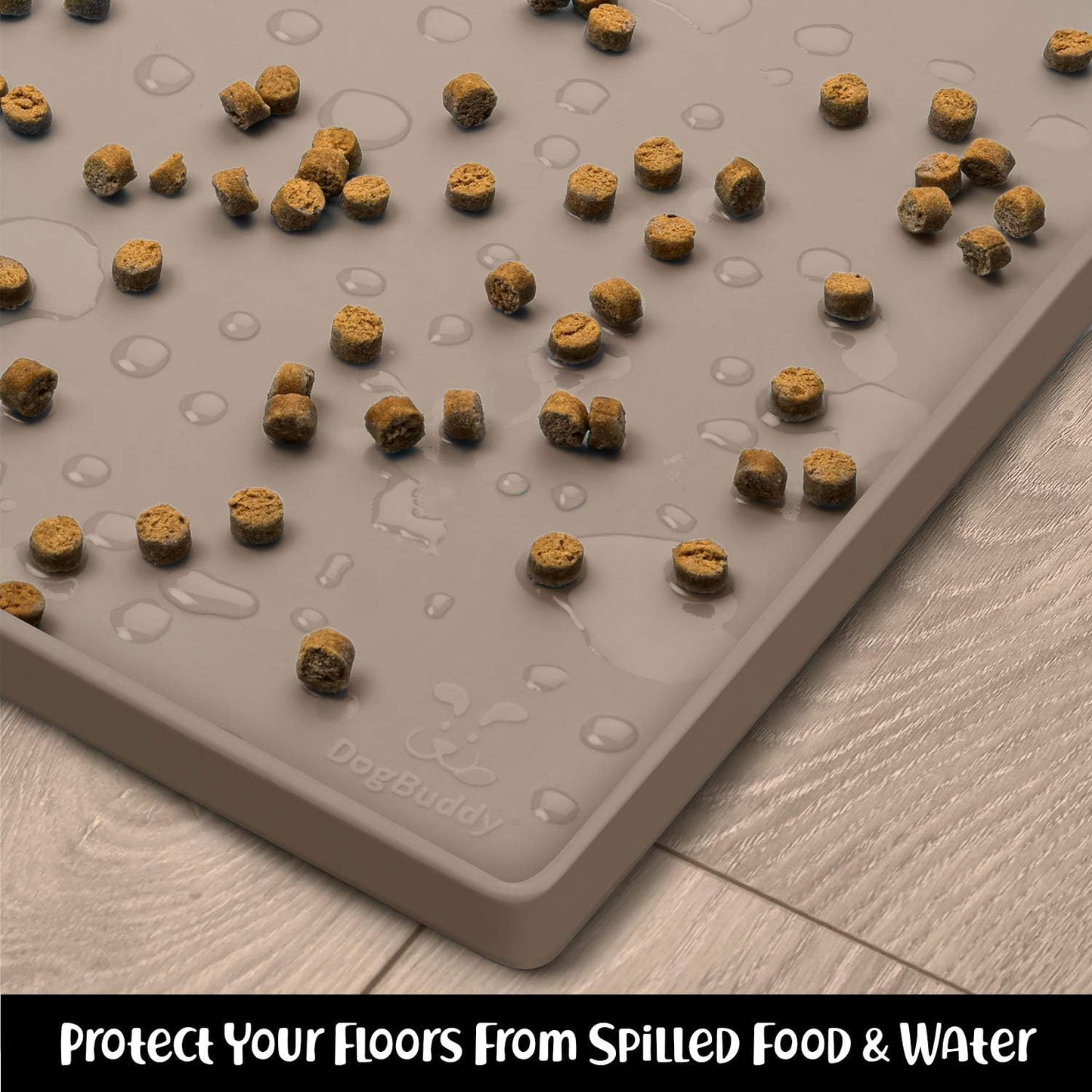 DogBuddy Dog Food Mat – Waterproof Dog Bowl Mat for Food and Water, Silicone Pet Feeding Mats for Floors, Non-Slip Placemat with High Edges for Dogs Bowls, Puppy Essentials (Small: 19"x12", Taupe)