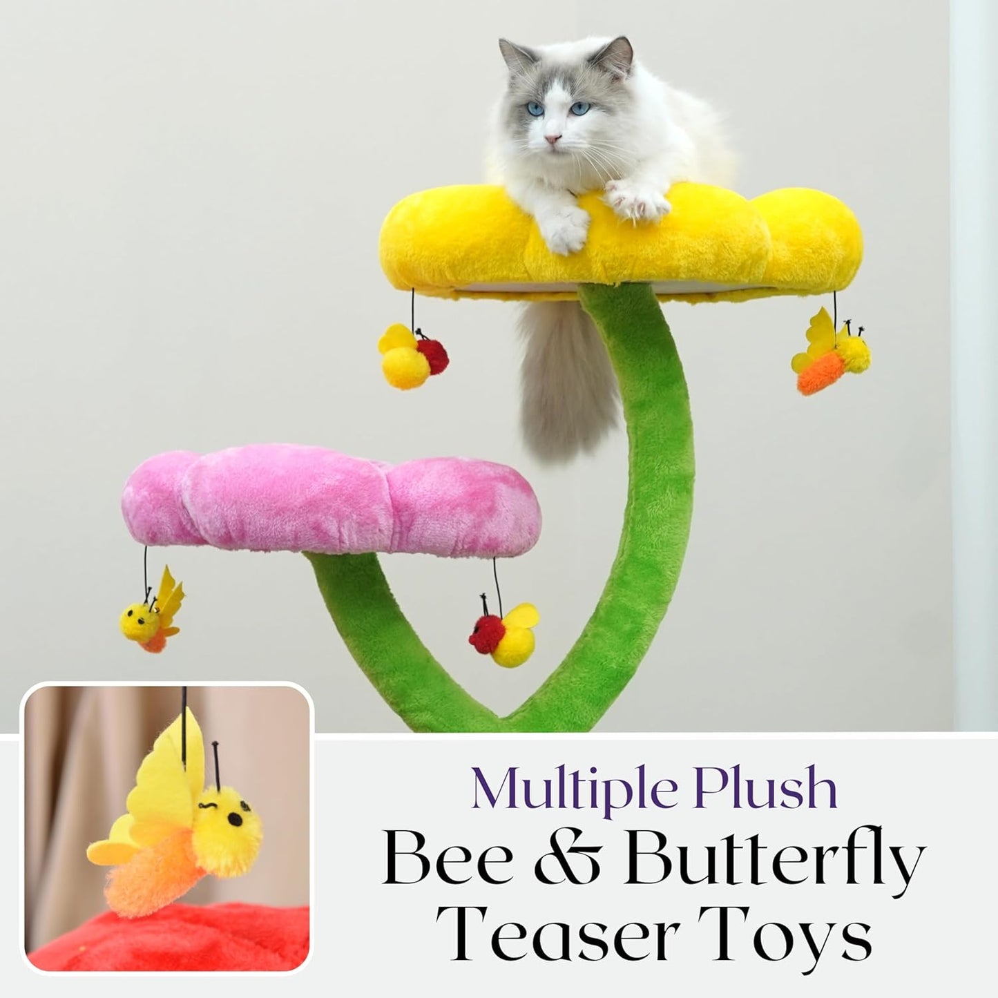 Catry 5-Level 40" Colorful Garden Style Cat Tree with Flower Perches, Leaf Hammock, Fruit Condo, Natural Sisal Scratching Post, Bee Toys, Parts Replaceable