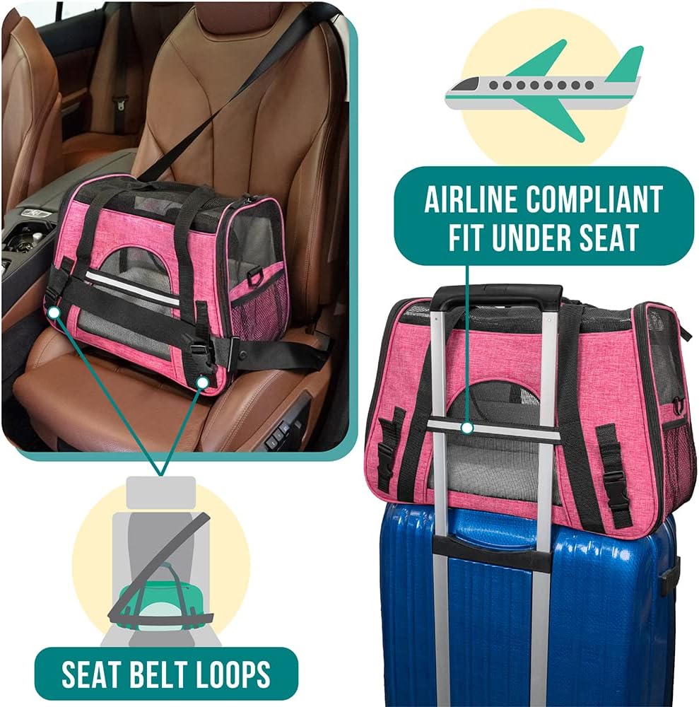 PetAmi Airline Approved Pet Carrier for Cat, Soft Sided Dog Carrier for Small Dog, Cat Travel Supplies Accessories Indoor Cat, Ventilated Pet Carrying Bag Medium Large Kitten Puppy, Large Heather Pink