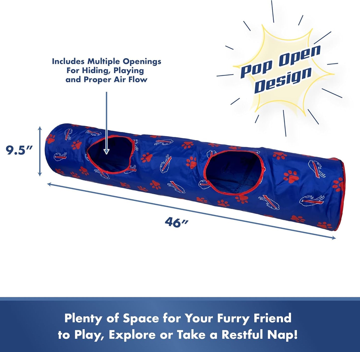 NFL Buffalo Bills Cat Tunnel Tube Toy with Plush Football Catnip and Feathers Collapsible Tunnel for Cats to Play, Peek and Hide, Sporty & Fun Cat Tunnel Toy with Team Logo All-Over Design!