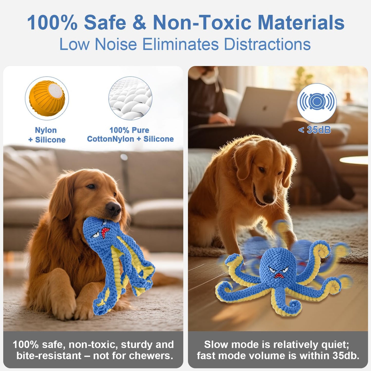 Interactive Dog Toys Octopus,Durable Automatic Jumping Dog Toy to Keep Them Busy,Squeaky Moving Tug of War Doggie Toy,USB Rechargeable Puppy Toys (Blue)