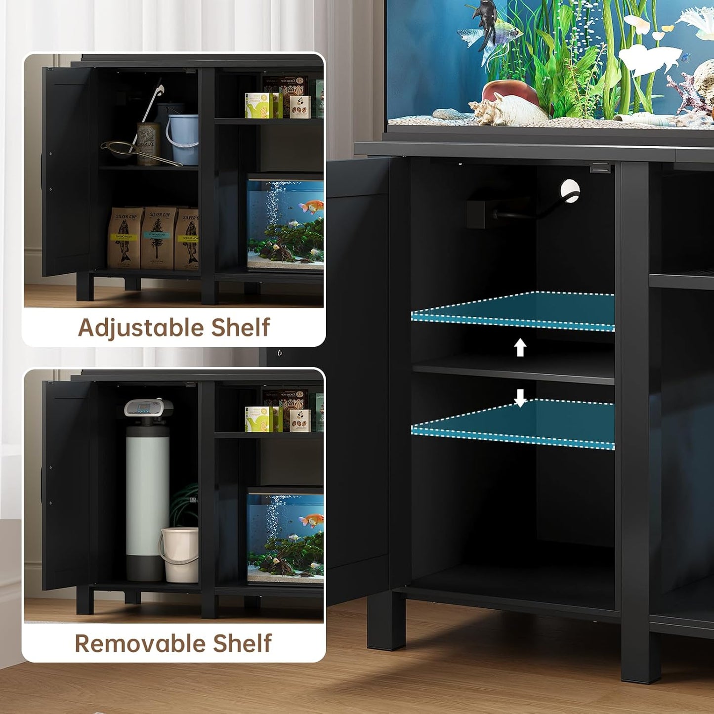 55-75 Gallon Aquarium Stand with Power Outlet, Heavy Duty Fish Tank Stand with Cabinet Storage & Adjustable Shelf, for Fish Tank, Turtle Tank, Reptile Terrarium, 1000LBS Capacity, Black