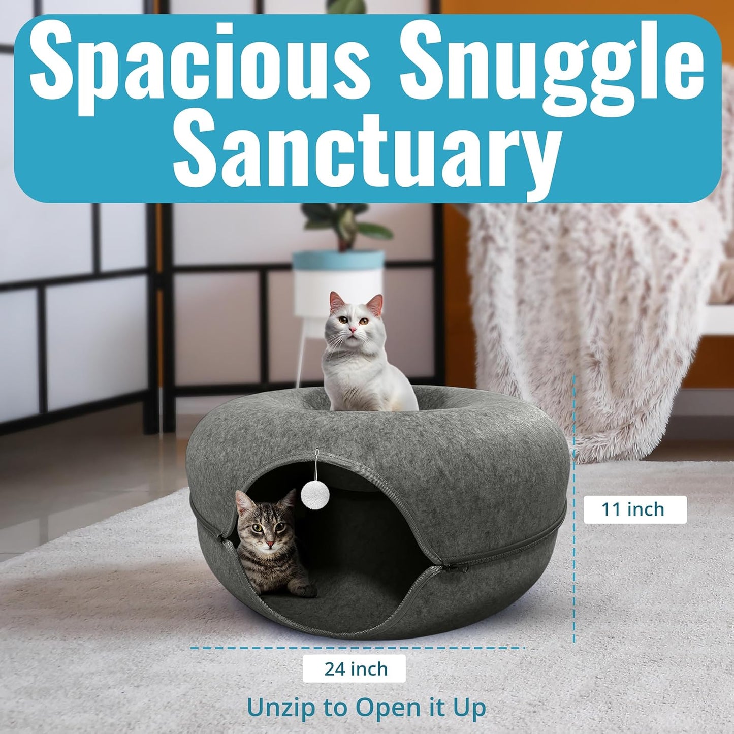 Okoco Cat Tunnel Bed for Indoor Cats Large, 24" Peekaboo Cat Cave Donut Bed for Pets up to 45lbs, 2-in-1 Round Tube with Hanging Ball Toy & Removable Machine Washable Parts (Dark Gray)