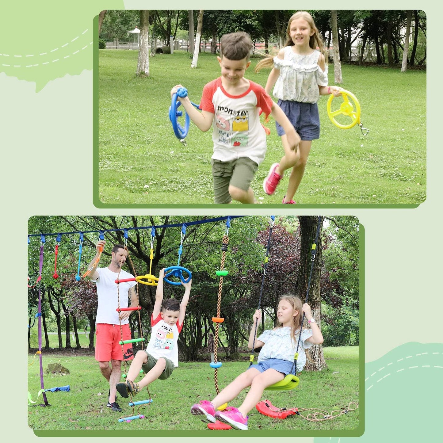 Rainbow Craft 3-Pack Ninja Monkey Wheels,Obstacle Course & Swing Set Attachments for Kids ,Outdoor Backyard Playground Accessory,Red, Blue & Yellow