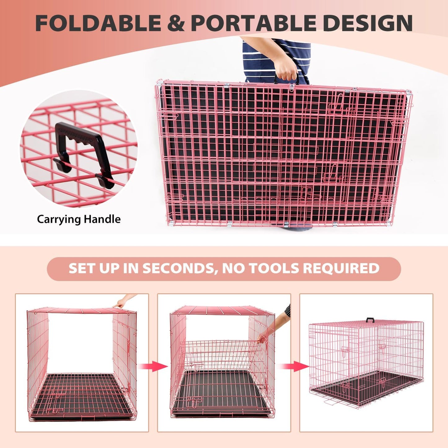 BestPet | Dog Crate | 24" | Pink | Foldable Metal Kennel with Double Doors, Secure Slide-Bolt Latches, Leakproof Tray | Portable Dog Cage for Small Breeds | for Travel, Indoor & Outdoor Use