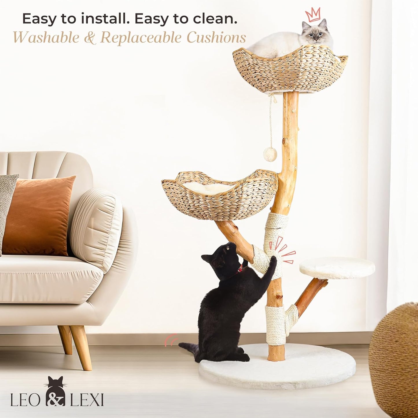 Real Wood Modern Cat Tree Tower, Cat Scratching Post with Bed for Indoor Cats Large Adult, Solid Wooden Climbing Tower, Cute Wicker Condo, Aesthetic Stand, Boho Luxury Pet Furniture
