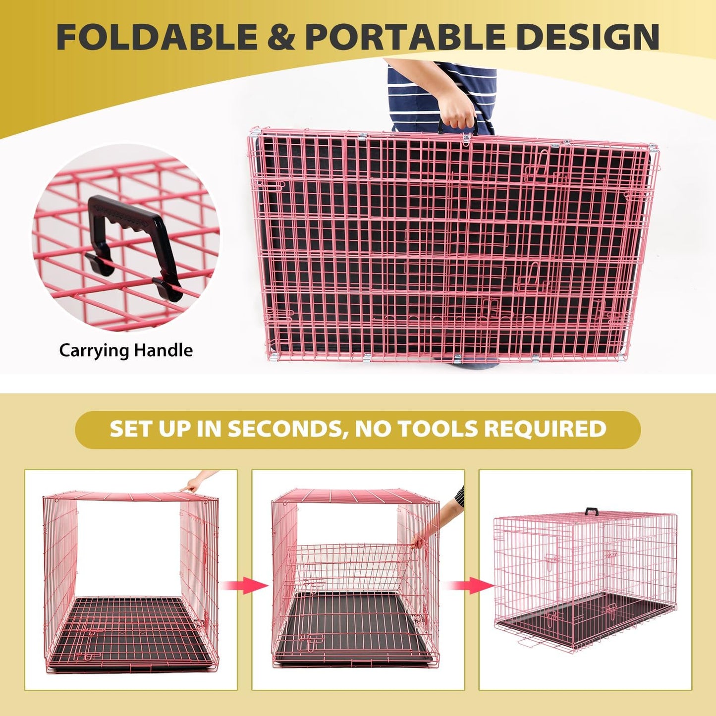BestPet | Dog Crate | 48" | Pink | Foldable Metal Kennel with Double Doors, Secure Slide-Bolt Latches, Leakproof Tray | Portable Dog Cage for Large Breeds | for Travel, Indoor & Outdoor Use