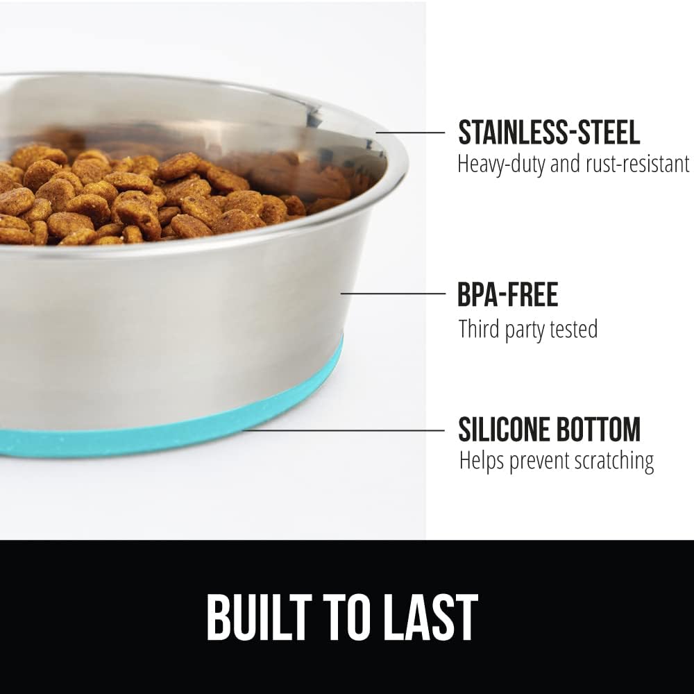 GORILLA GRIP Set of 2 Dog Bowls, Heavy Duty Metal Food and Water Bowl for Feeding Dogs and Cats, Dishwasher Safe, Rust Resistant Stainless Steel, BPA Free Rubber Base, Holds 1 Cup (8 fl oz), Turquoise