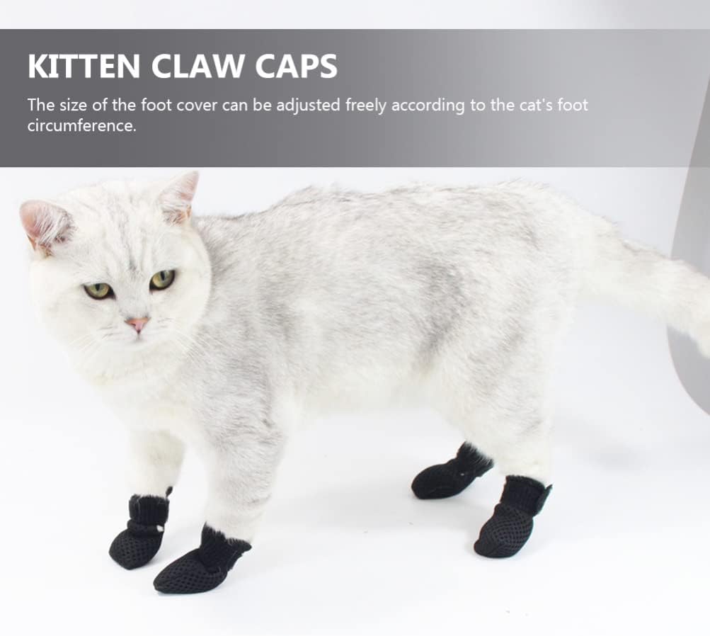 Cat Booties to Prevent Scratching: 4pcs AntiScratch Cat Claw Covers for Feeding Medicine, Pet Grooming, Bathing Shaving Checking, and Nail Trimming, Black Pet Shoes Socks Caps Mittens Paw Protector M