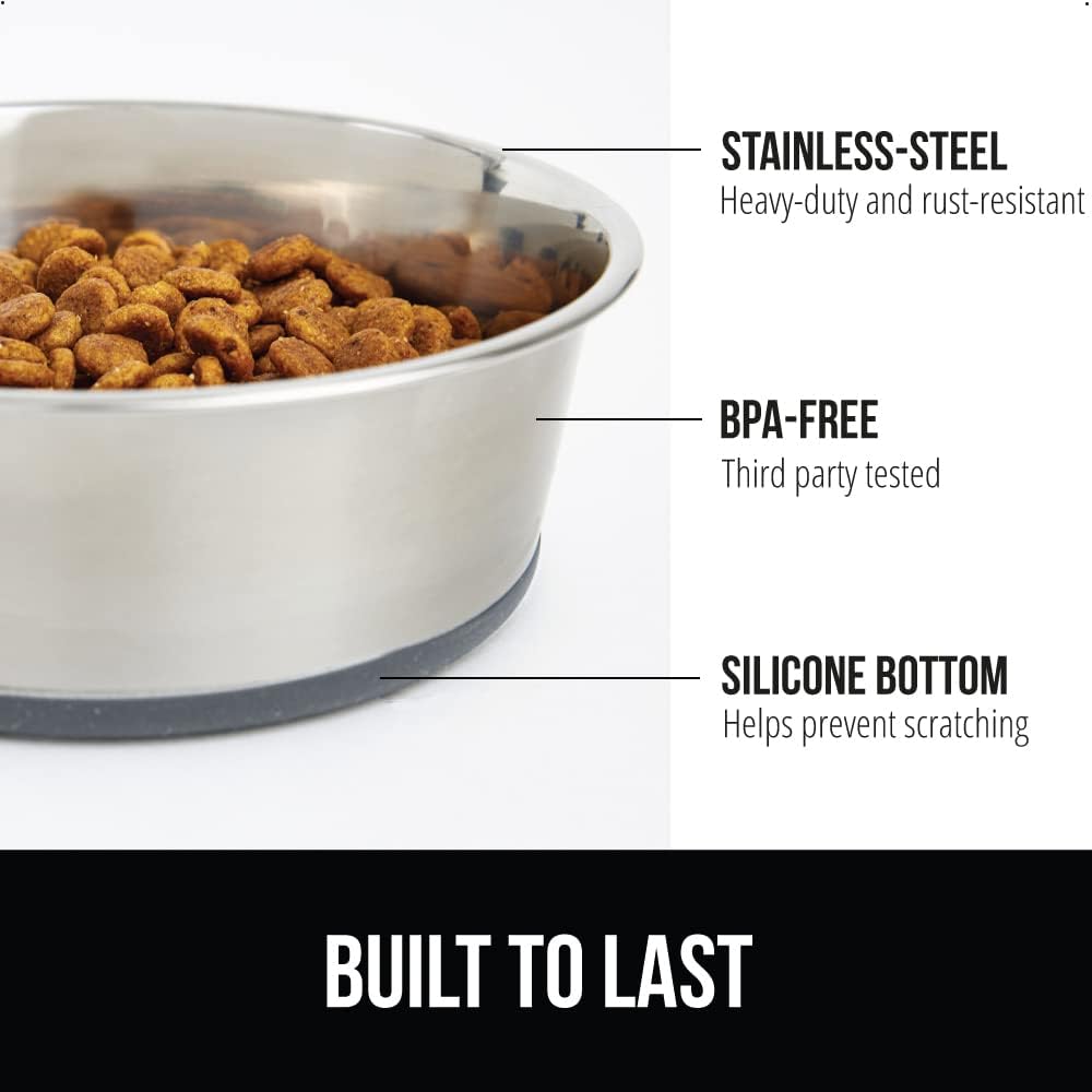 GORILLA GRIP Set of 2 Dog Bowls, Holds 4 Cups (32 fl oz), Heavy Duty Metal Food and Water Bowl for Feeding Dogs and Cats, Dishwasher Safe, Rust Resistant Stainless Steel, BPA Free Rubber Base, Gray