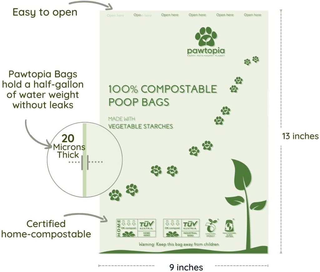 Certified Home Compostable Dog Poop Bags (60) + Pink Poop Bag Carrier, Biodegradable Poop Bags, Cat Litter, Vegetable Starches, Leakproof Dog Waste Bags, Easy to Open