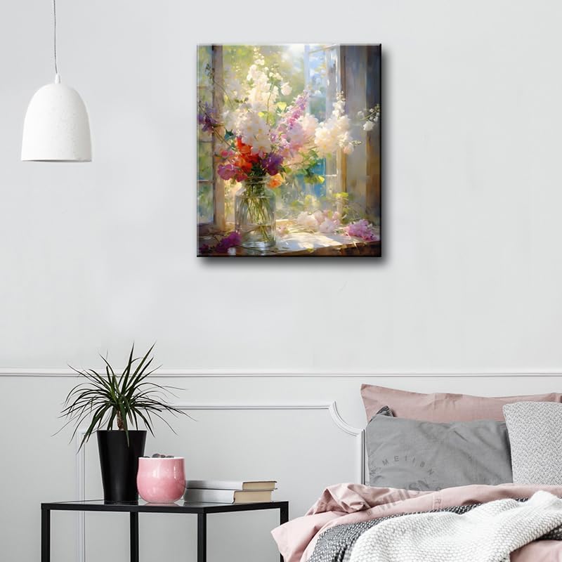 Colorful Flower Framed Canvas Wall Art, Watercolor Floral Bathroom Wall Decor, Spring Nature Wall Painting, Multicolor Botanical Art Print for Living Room, Bedroom, Office - 12X15