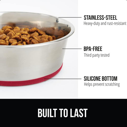 GORILLA GRIP Set of 2 Dog Bowls, Holds 6 Cups (48 fl oz), Heavy Duty Metal Food and Water Bowl for Feeding Dogs and Cats, Dishwasher Safe, Rust Resistant Stainless Steel, BPA Free Rubber Base, Red