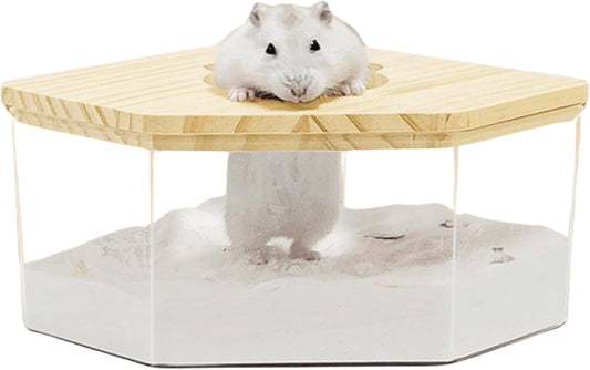Hamster Sand Bath Box Container, Small Pet Sandbox Lid Design Wooden Sandbox Dust Bath, Transparent Bathroom & Digging Box Acrylic Syrian Hamster Litter Box Small Animal Accessories (D Large)