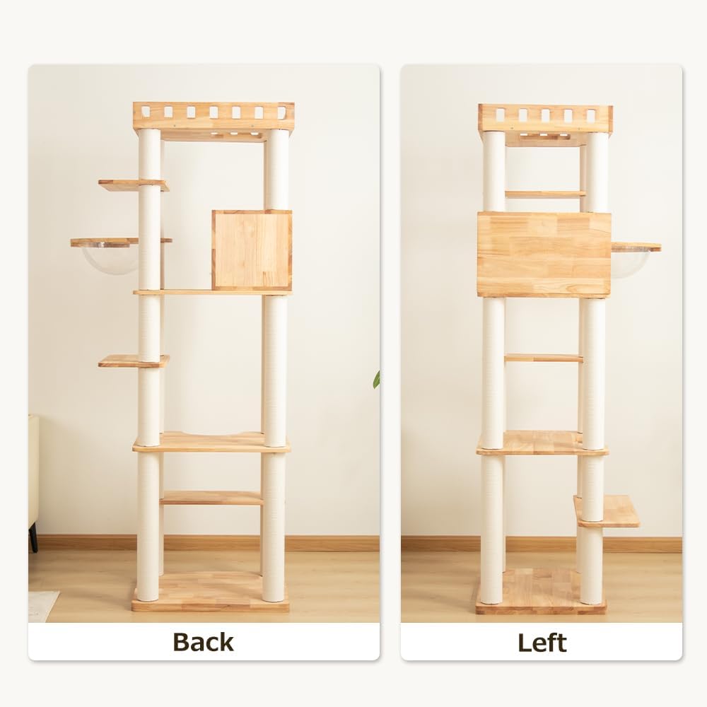 74.8" Wooden Cat Tree Tower for Large Cats, Multi-Level Cat Climbing Furniture with Scratching Posts, Cat Condo & Hammock, Natural Wood Cat Activity Center (White)