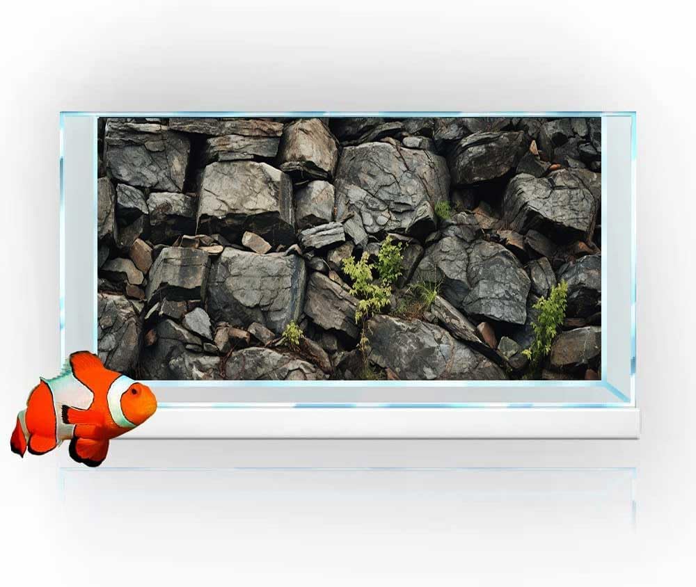 48X24IN Black Stone Aquarium Background, Rock Fish Reptile Tank Background, Natural Rocky Glass Bearded Dragon Terrarium Decor Background Wallpaper with 10 EVA Double-Sided Tape, Polyester