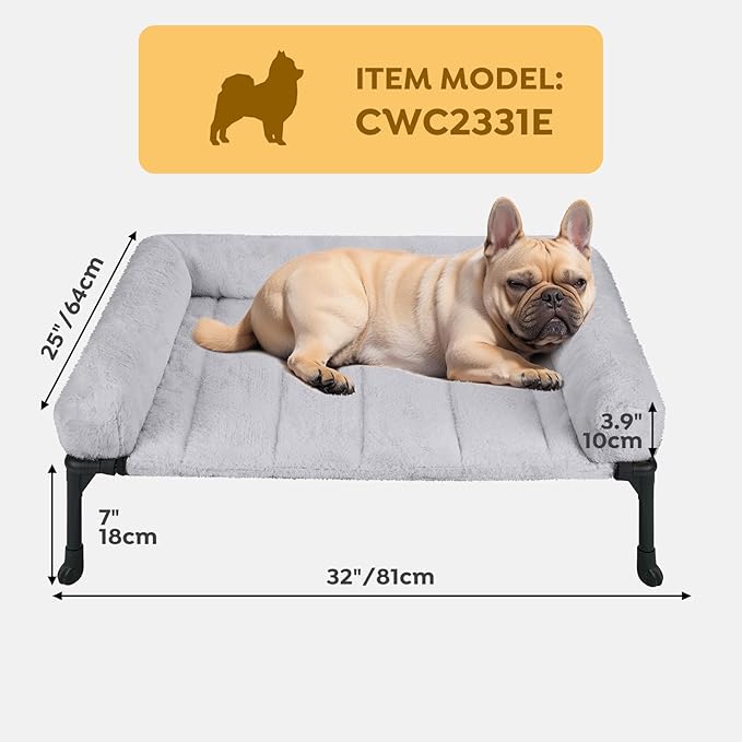 Veehoo Cooling Elevated Dog Bed with Fluffy Plush Bolster Cushion, Indoor Raised Dog Beds for Large Dogs, Soft Pet Sofa Cot with Removable Washable Mat, No-Slip Feet, 32 x 25 inches, Grey