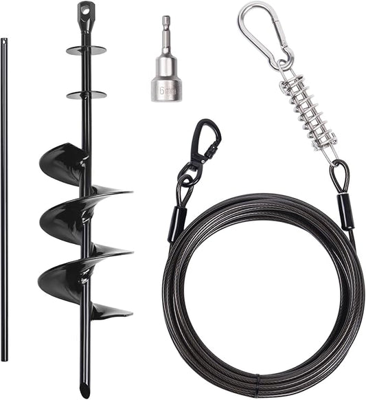 Heavy Duty Dog Tie-Out Cable and Stake for Yard Camping, with 30ft Heavy Duty Cable with Spring, for Small Medium Large Dogs up to 210 lbs, 360°Swivel Dog Run- No Tangle, Spiral Dog Stake