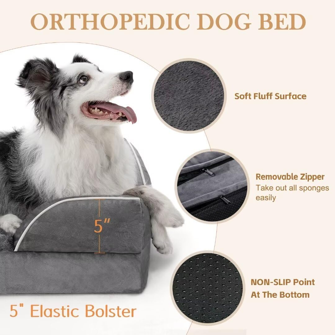 Comfort Expression XL Dog Bed with Bolster, Waterproof Orthopedic Foam Dog Beds for Extra Large Dogs, Washable Dogs Sofa Pet Bed with Removable Cover & Non-Slip Bottom(X-Large,Dark Grey)