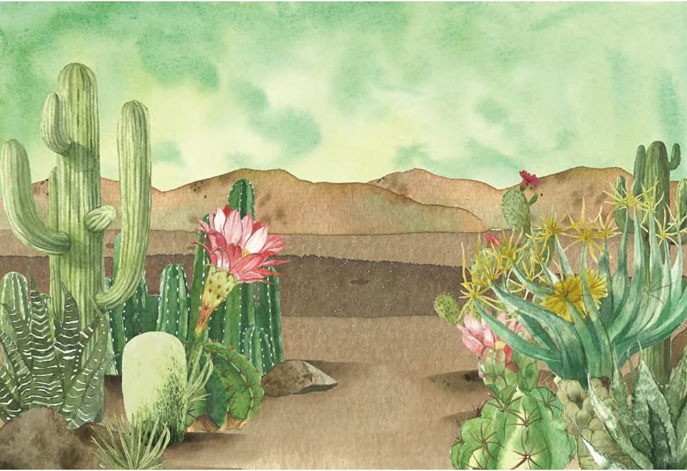 Renaiss 7x5ft Floral Cacti Backdrop Watercolor Aloes Cactus Flowers Desert Scenery Photography Background Botanical Mexican Fiesta Baby Shower Bridal Shower Birthday Party Decors Photo Studio Props