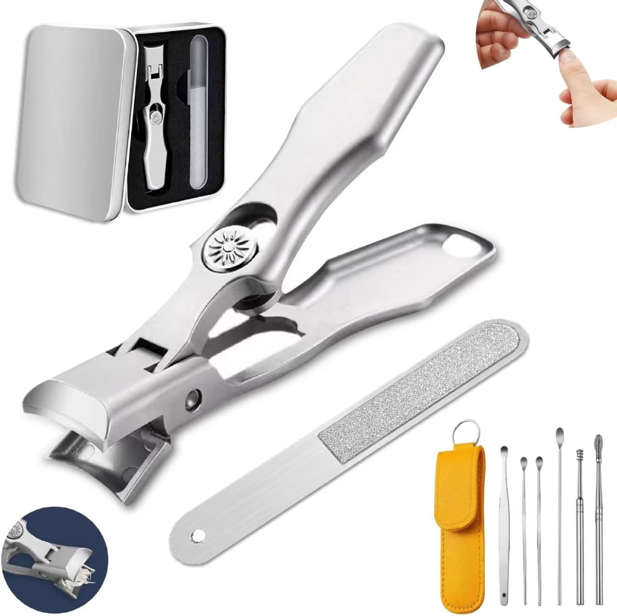 German Nail Clippers for Men Women,Anti-Splashing Design Ultra Sharp Stainless Steel Nail Clippers with Catcher for Thick Nails,Nail Clippers Set with Nail File for Men, Women & Seniors