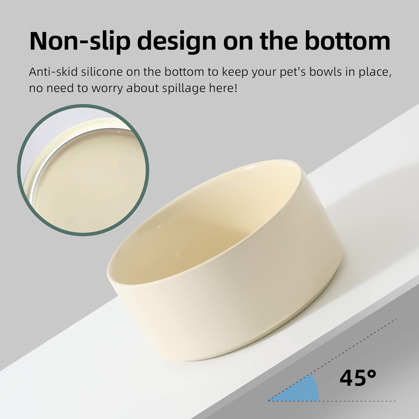 Ceramic 5.1inch Set of 2 Dog and Cat Bowls, 2pcs Anti-Slip Food and Water Feeder Dishes for Puppies, Kitties, Cats(2 Bowls, Beige)