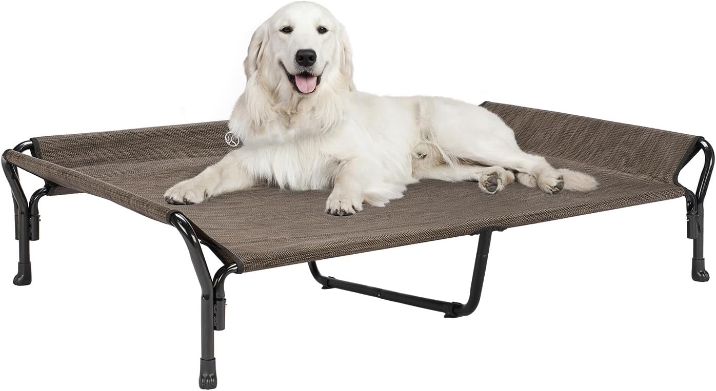 Veehoo Cooling Elevated Dog Bed, XL Raised Pet Cot with Guardrail & Slope Headrest, Durable Breathable Teslin Mesh, Non-Slip Feet, Washable Dog Couch Bed for Indoor & Outdoor, 50.5" x 33.5, Brown