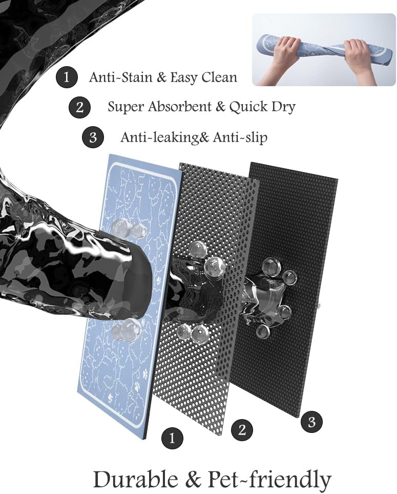 Pet Feeding Mat-Absorbent Dog Mat for Food and Water Bowl-No Stains Quick Dry Water Dispenser Mat-Dog Accessories Pet Supplies-Bowl for Messy Drinkers（BLUEDOGS,17"x34"