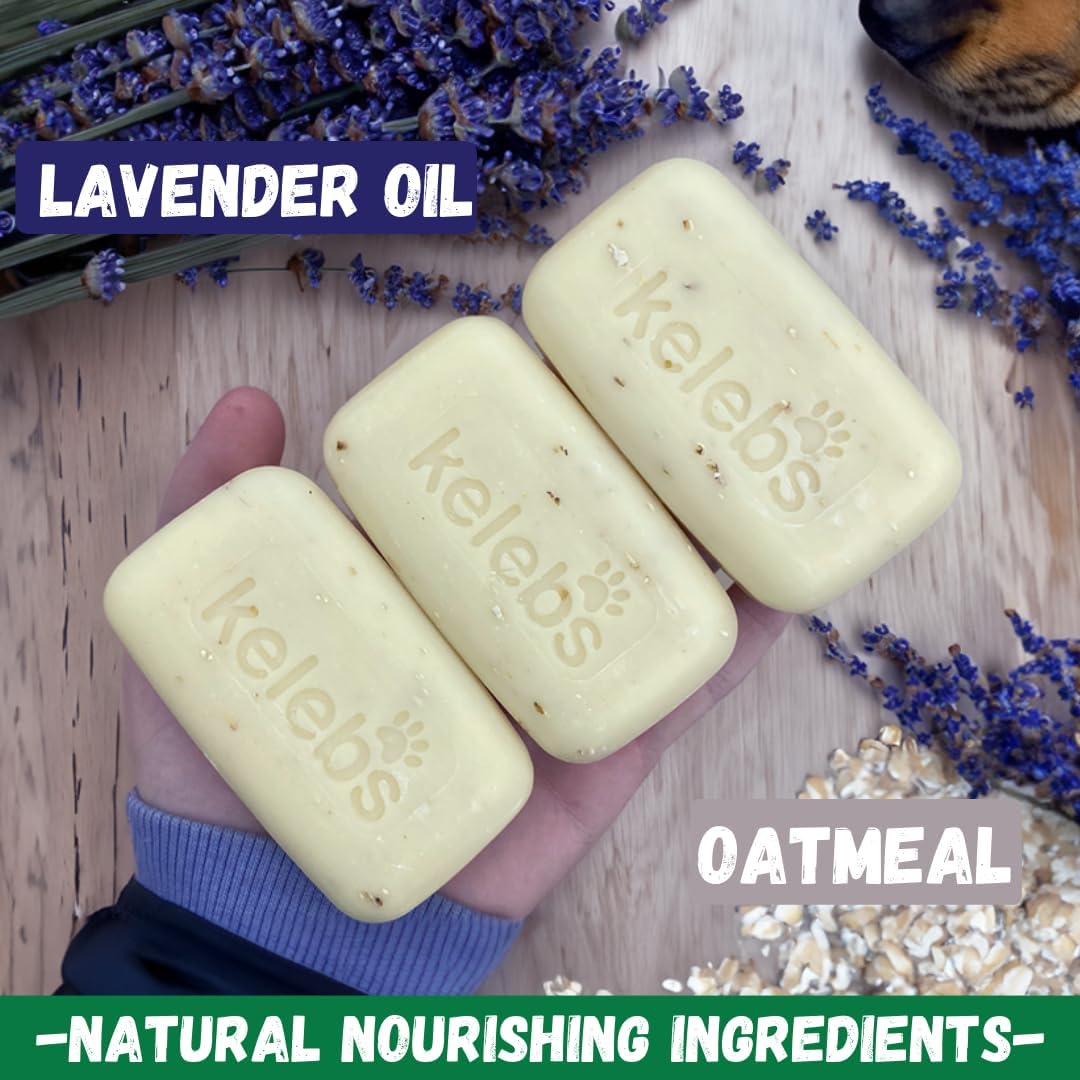 Kelebs Dog Shampoo | Allergies and itching | Dog Shampoo for Sensitive Skin | All Natural Dog Soap Bar with Lavender Oil & Oatmeal | No Plastic Vegan | 3PCS