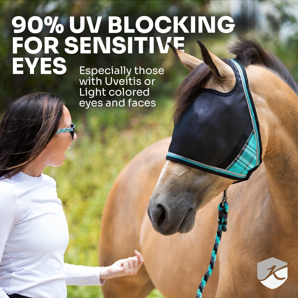 Kensington 90% UV Fly Mask Halter CatchMask UViator - Without Ears & Forelock Freedom Web Trim *Roomy Fit*- Medium, Atlantis