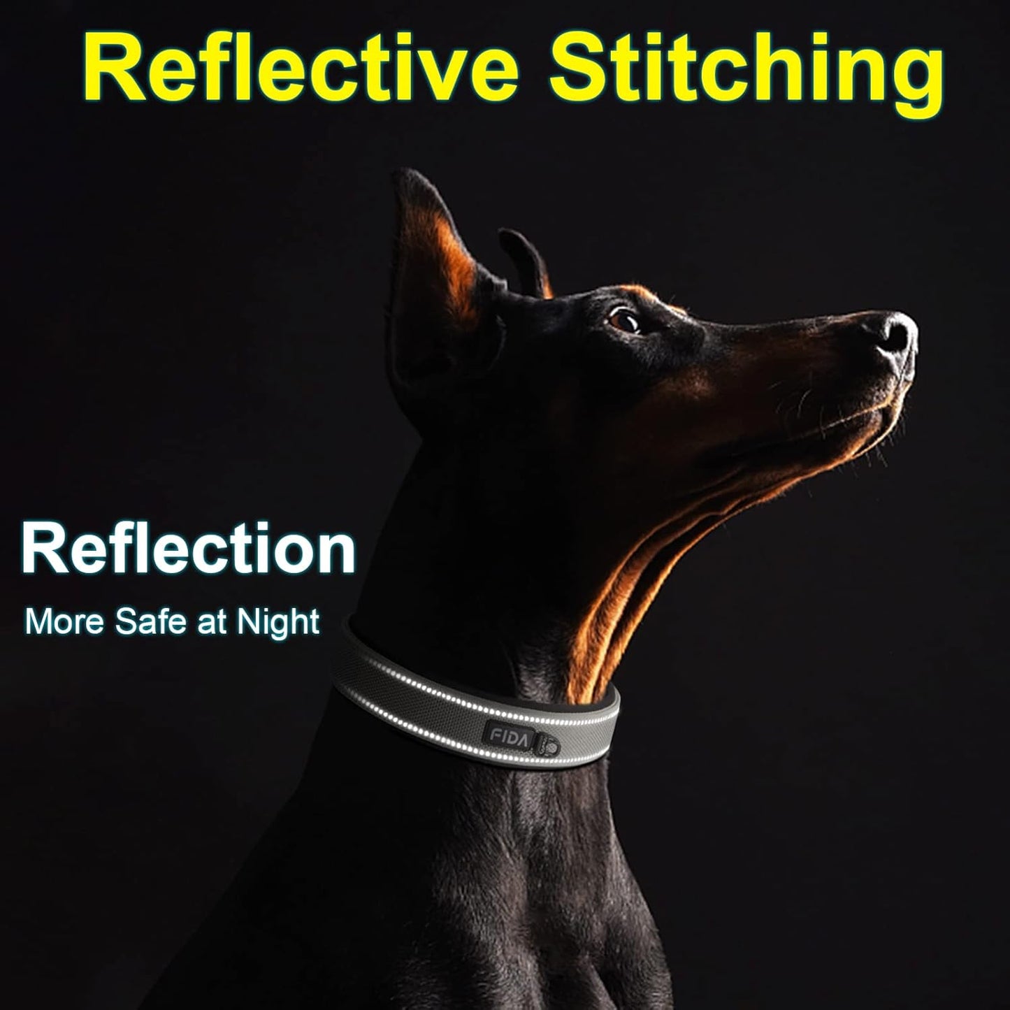 Fida Heavy Duty Dog Collar, Ultra Comfortable Soft Neoprene Padded, Adjustable Reflective Nylon Pet Collar with Durable Metal Belt Buckle for Large Breeds (L, Grey)