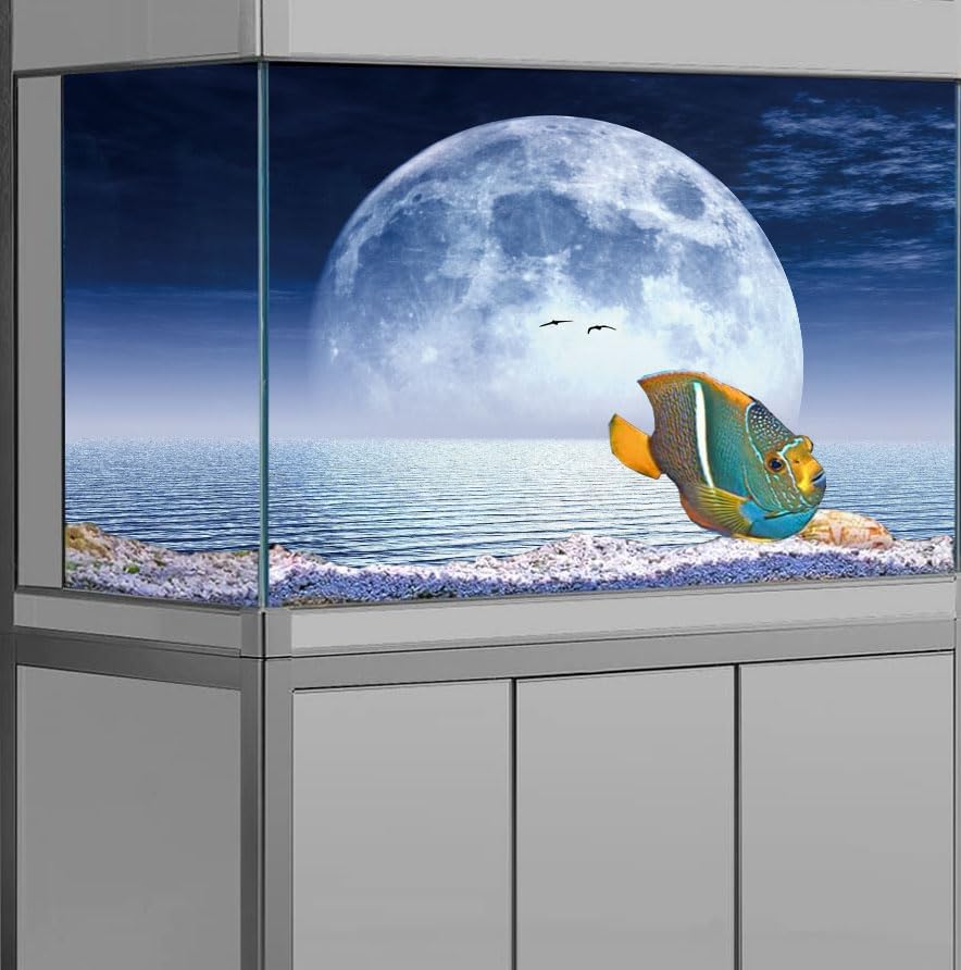 Moon Aquarium Background,Cool Sea Galaxy Parallel Space Themed Fish Tank Background, Cool Terrarium Background 24X12IN with 8 EVA Double-Sided Tape