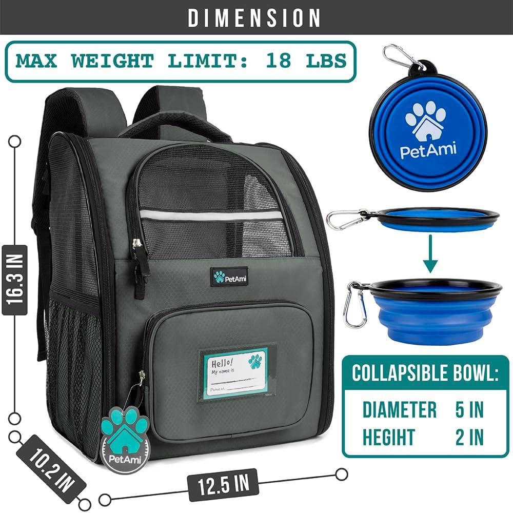 PetAmi Dog Backpack Carrier for Small Large Cat, Pet, Puppy, Ventilated Pet Hiking Backpack Travel Bag, Airline Approved Cat Backpack Carrier, Camping Biking Dog Bag Up to 18lbs Pet, Dark Grey