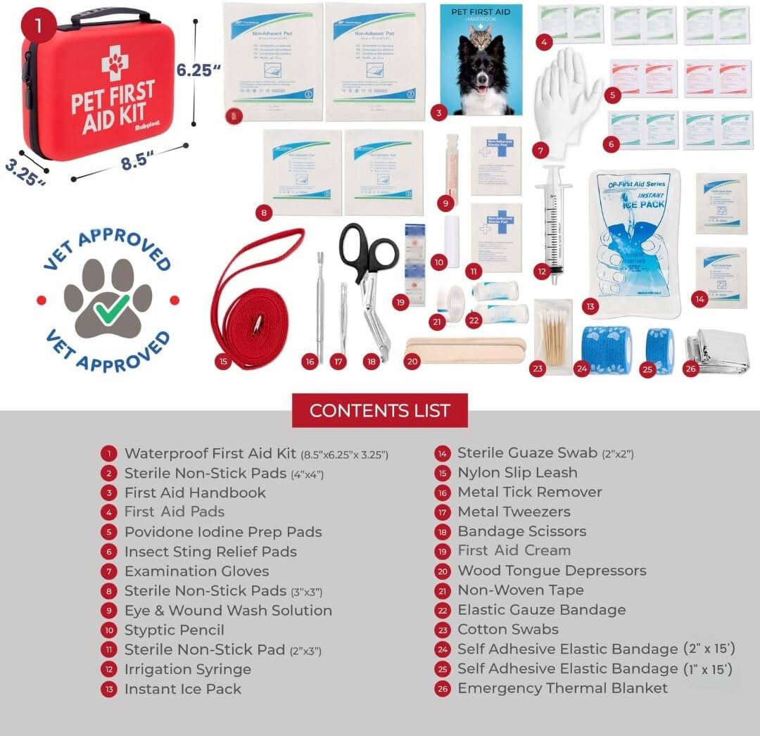 Dog First Aid Kit 2-Pack – Vet-Approved Pet First Aid Supplies for Dogs & Cats in Emergencies – Pet First Aid Guide, Tick Remover, Slip Leash & Medical Essentials for Home, Camping, Car, Travel