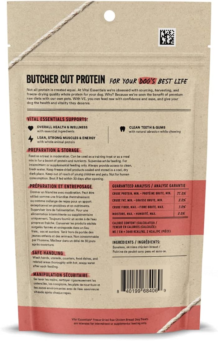 Vital Essentials Chicken Breast Dog Treats, 2.1 oz | Freeze-Dried Raw | Single Ingredient | Premium Quality High Protein Training Treats | Grain Free, Gluten Free, Filler Free