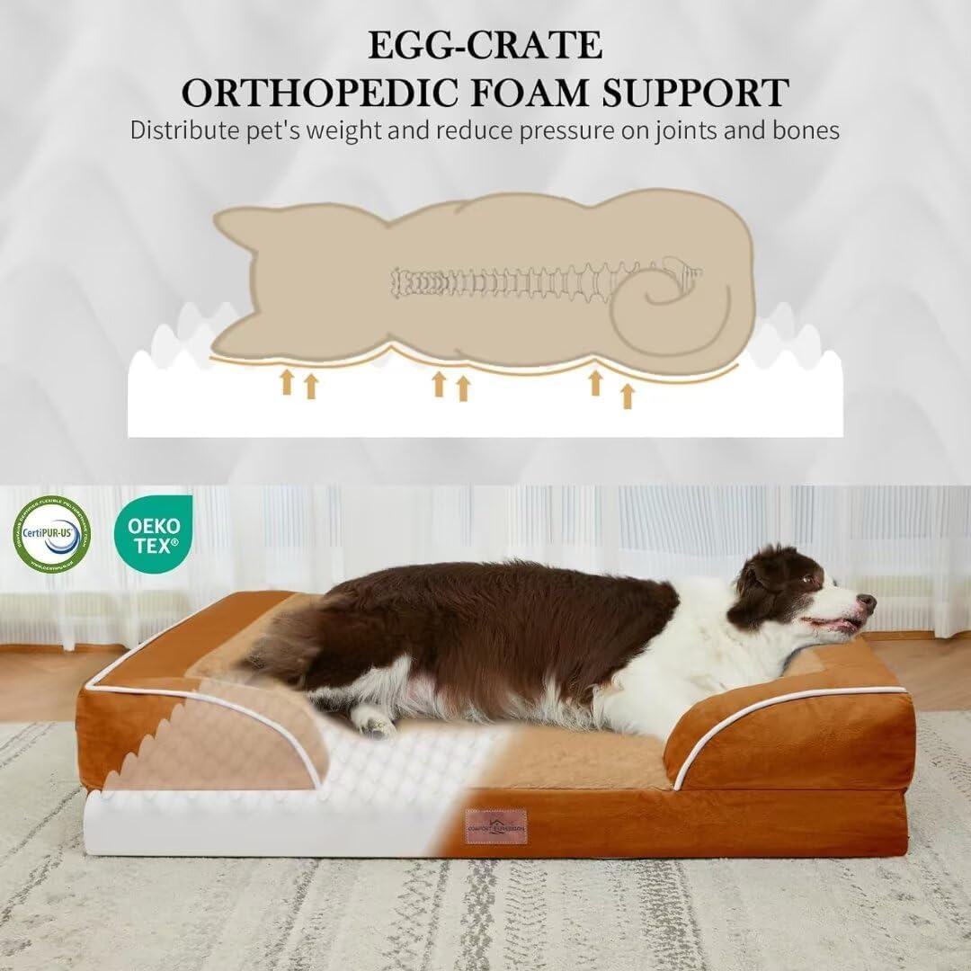 Comfort Expression Orthopedic Dog Beds for Extra Large Dogs, PV Washable Dogs Sofa Beds Jumbo, Waterproof Dog Bed with Removable Cover & Non-Slip Bottom(Jumbo,Caramel)