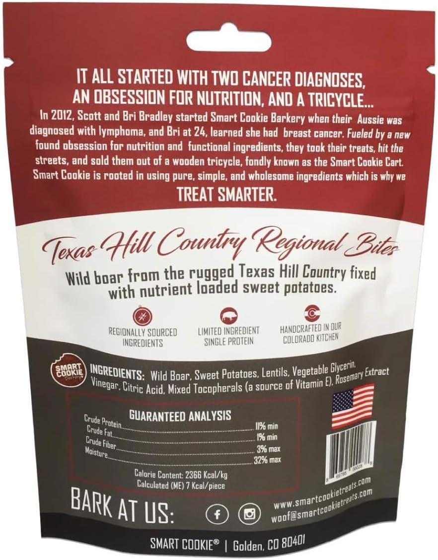 Smart Cookie All Natural Dog Treats - Wild Boar & Sweet Potato - Training Treats for Dogs with Allergies, Sensitive Stomachs - Soft Dog Treats, Chewy, Grain Free, Made in USA - 5oz Bag, Pack of 3