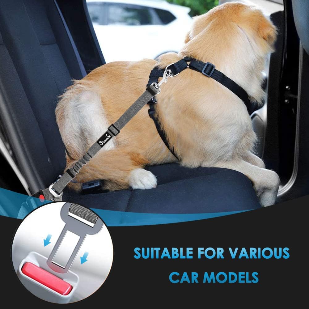 SlowTon Dog Seat Belt for Car, 2 Pack Dog Car Harness Seatbelt Adjustable with Elastic Bungee Buffer, 2 in 1 Pet Car Leash Headrest Restraint Dog Reflective Safety Tether (Grey, Headrest+Clip)