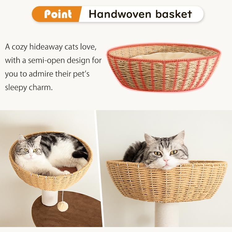 57'' Cat Tower for Large Cats, Manual Hand Woven Modern Multi-Level Condo with Natural Wood, Cat Activity Centre for Medium and Big Pets
