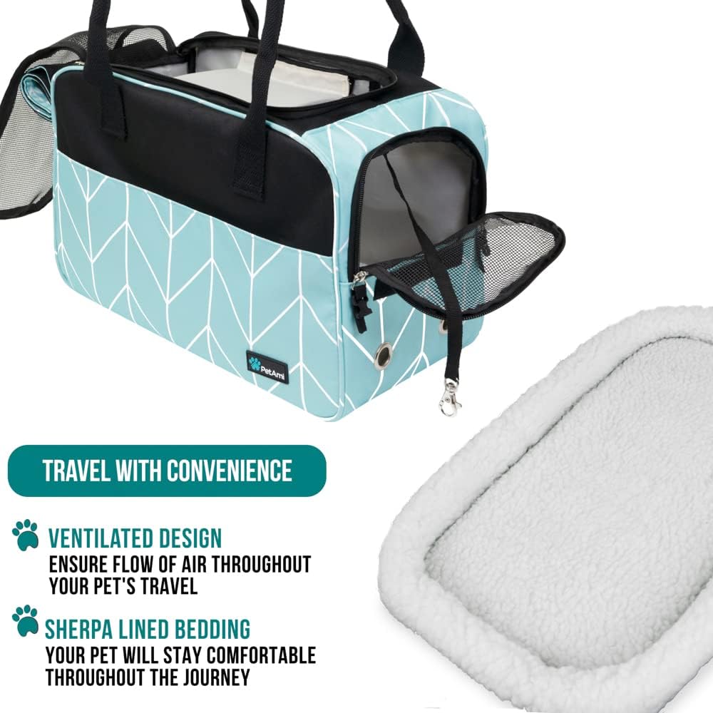 PetAmi Dog Purse Carrier for Small Dogs, Airline Approved Soft Sided Pet Carrier with Pockets, Ventilated Dog Carrying Bag for Puppy Cat, Dog Travel Supplies Bag, Sherpa Bed, Max 12 lbs, Chevron Teal