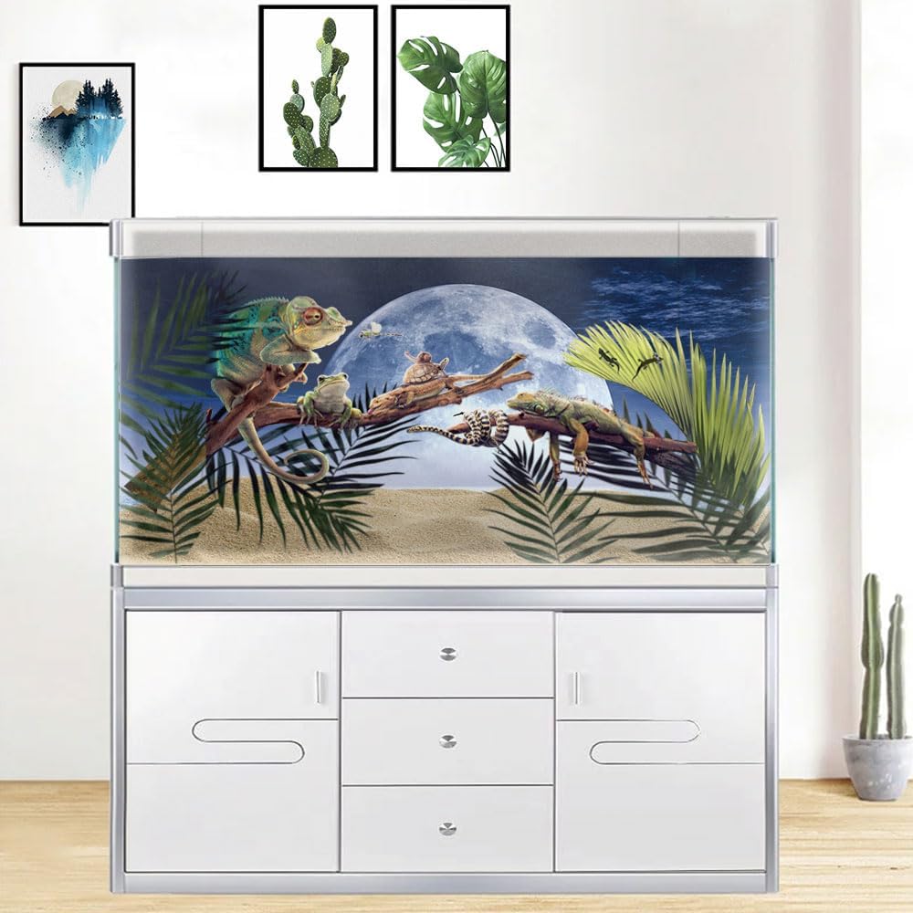 Moon Aquarium Background,Cool Sea Galaxy Parallel Space Themed Fish Tank Background, Cool Terrarium Background 72X18IN with 8 EVA Double-Sided Tape