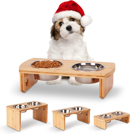 Elevated Dog Bowls, Bamboo Raised Dog Bowl for Small Dogs & Cats, with 2 Stainless Steel Bowls (4'' Tall-20oz Bowl, Natural)