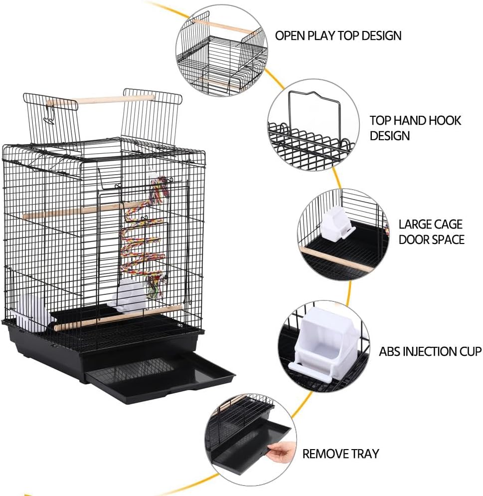 Yaheetech Open Play Top Travel Bird Cage for Conure Sun Parakeet Green Cheek Conure Lovebird Budgie Finch Canary, Small-Size Travel Portable