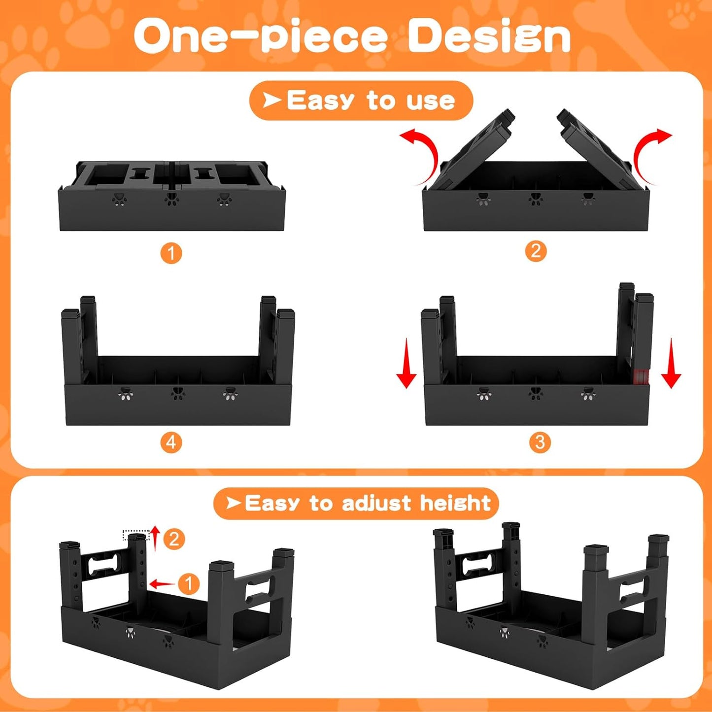 Elevated Dog Bowls with Mat, Raised Dog Food Bowl Stand with 2 Stainless Steel Bowls, 5 Height Adjustable (3.1", 9", 10", 11", 12") Non-Slip Feeder Set for Medium and Large Dogs – Black