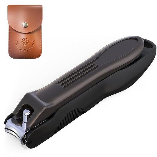 GLAMFIELDS Nail Clippers with No Splash Storage Box, Large Fingernail Toenail Clipper Detachable Easy Clean Nail Cutter Trimmer with Nail Files for Men & Women, Leather Case Packed(Black -1Pack)