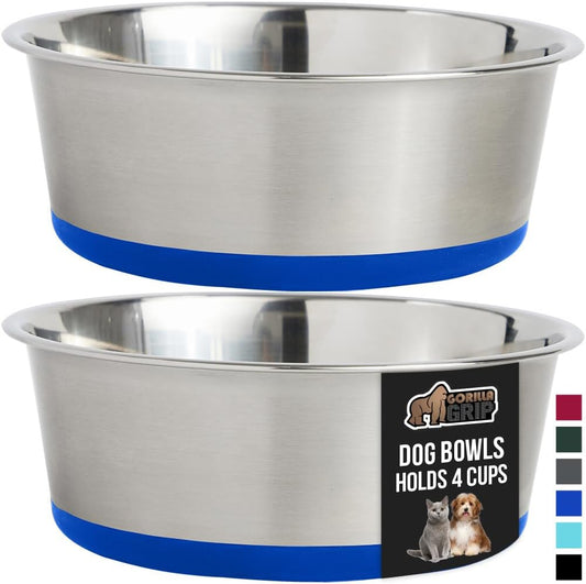 GORILLA GRIP Set of 2 Dog Bowls, Holds 4 Cups (32 fl oz), Heavy Duty Metal Food and Water Bowl for Feeding Dogs and Cats, Dishwasher Safe, Rust Resistant Stainless Steel, BPA Free Rubber Base, Blue