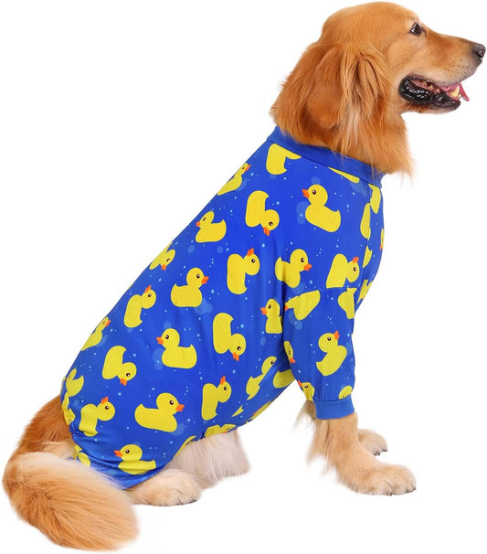 HDE Dog Pajamas One Piece Jammies Jumpsuit Pet Clothes Outfit Stretchy Lightweight Comfy Shirt Pjs for M-3XL Dogs Ducks Blue - XL