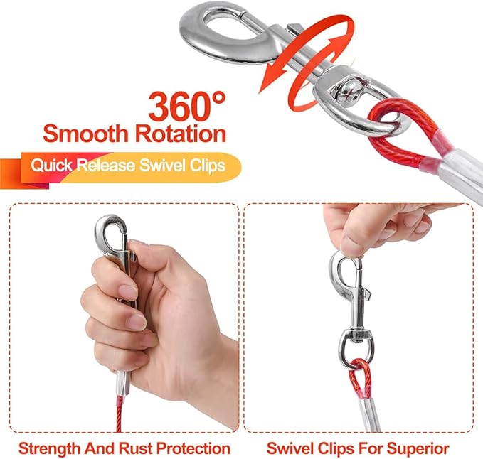 10FT Heavy Duty Dog Tie Out Cable for Large Dogs up to 125lbs, Durable Runner Tether Line (Red)