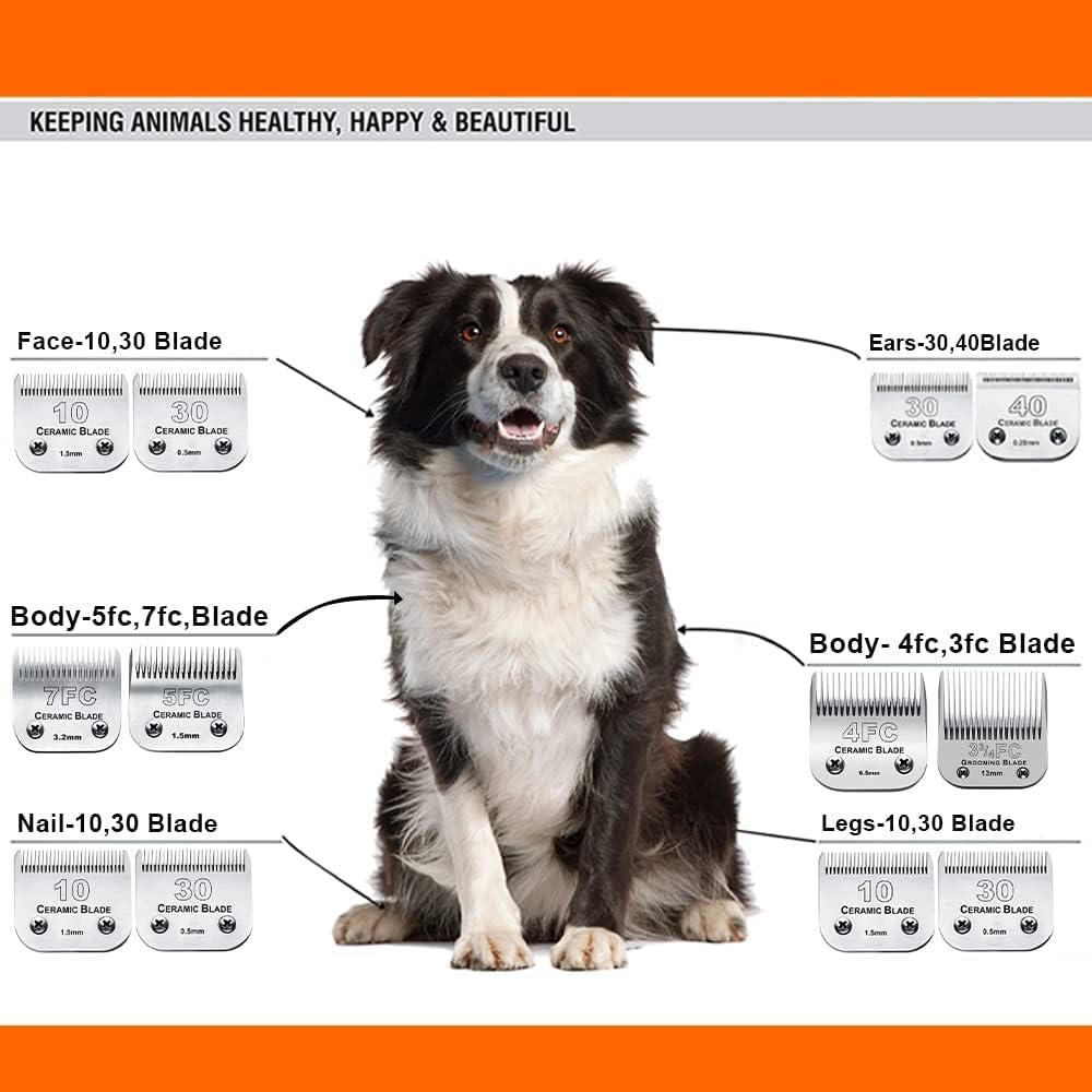 Dog Grooming Clipper Replacement Blades Compatible with Andis Pet Clipper/Oster A5/Wahl KM Series Dog Clipper,Ceramic Blade & Stainless Steel Blade(10+30+40+5FC+7FC)