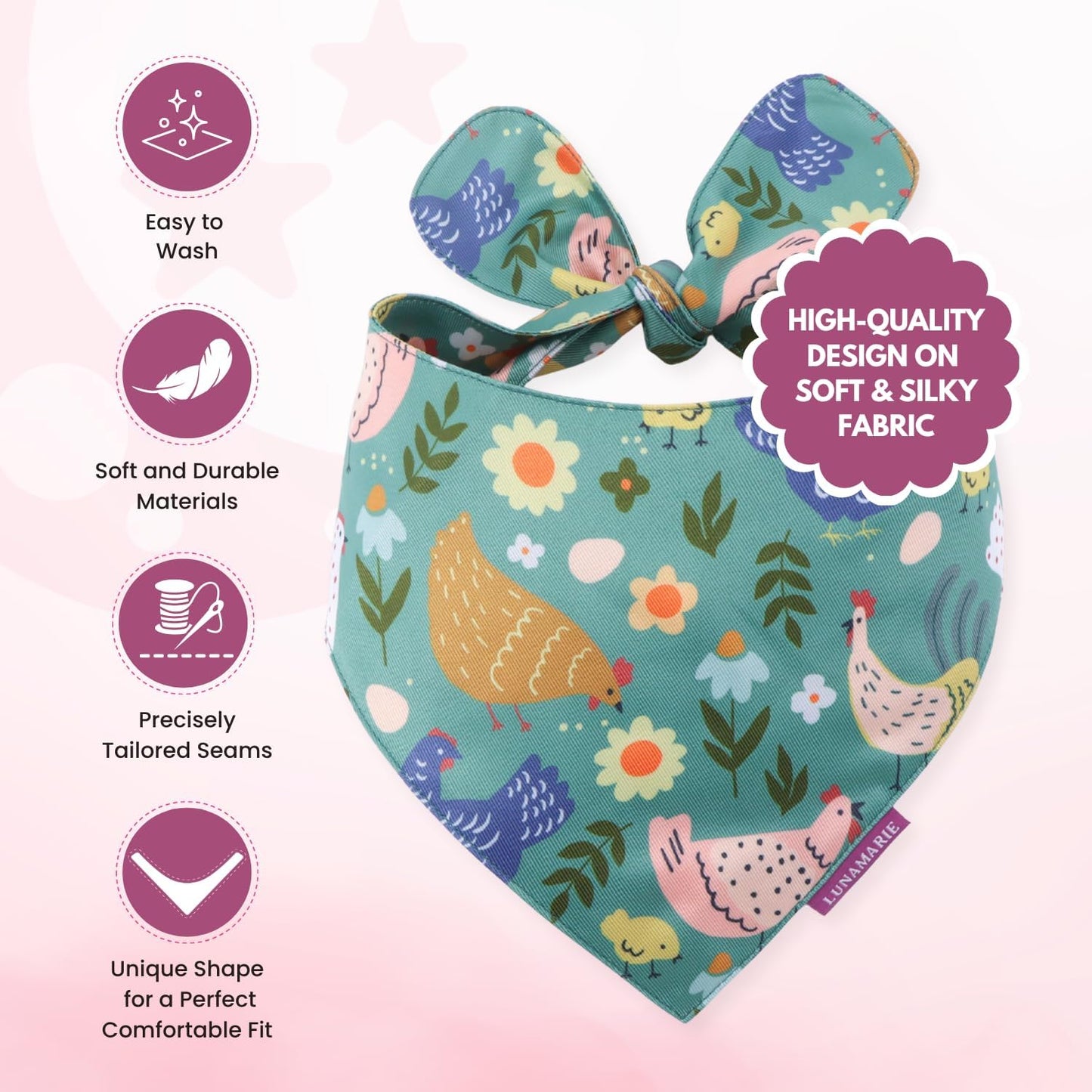 LunaMarie - Luxury Pet Birthday Bandanas -Premium & Silky Poly Fabric | 100% Handmade | Custom Shape Dual Layered (Chicken Couture, Medium)